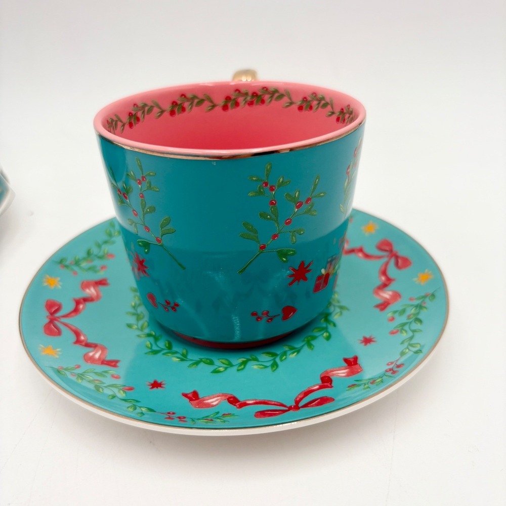 Monterey Bay Fine Porcelain Christmas Tree Teacup Saucer Set Teal Pink Gold - Picture 6 of 7